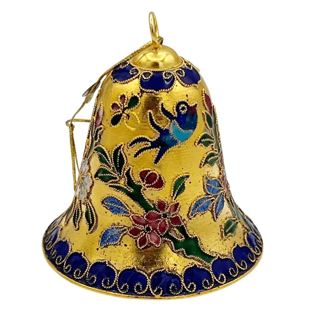 2 VTG Cloisonné Enamel Bell Ornaments Red & Gold Floral Scrollwork Gilt Brass 3